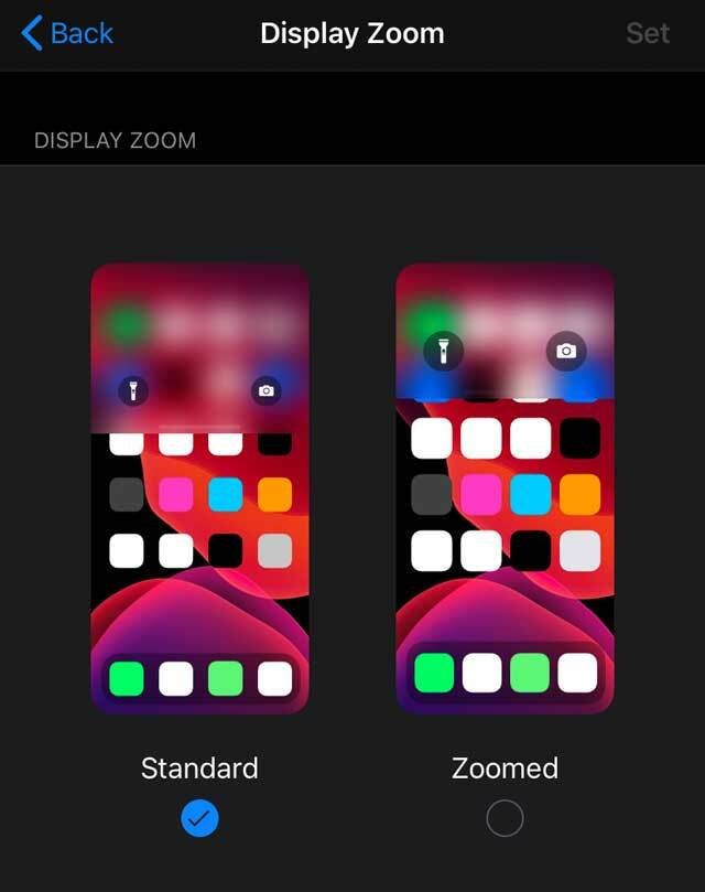 display zoom på iOS 13 mørk tilstand iPhone