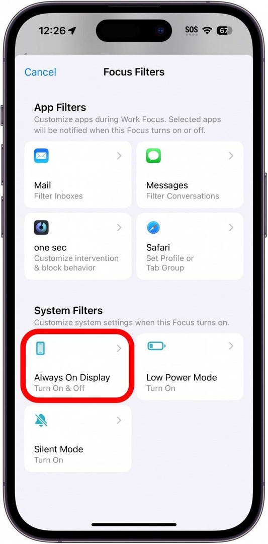 iphone fokusa filtra iestatījumi ar vienmēr redzamu displeja filtru, kas apvilkts sarkanā krāsā