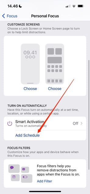 Skjermbilde som viser hvordan du legger til en tidsplan i iOS 16