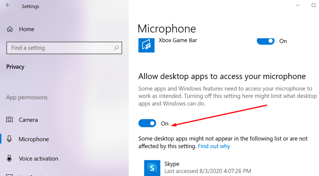 Windows 10 მიკროფონის წვდომა კონფიდენციალურობის პარამეტრებზე დესკტოპის აპებზე 
