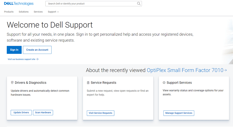 Отворете страницата за поддръжка на Dell