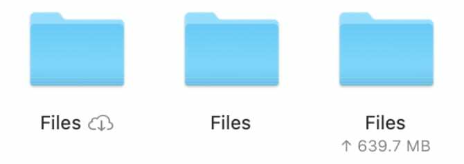 iCloud faili ar dažādām augšupielādes vai vietējām ikonām