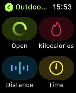 Možnosti cieľov cvičenia na Apple Watch.