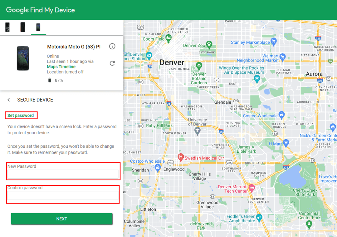 Google Find My Device Unlock via un mot de passe définissant un mot de passe