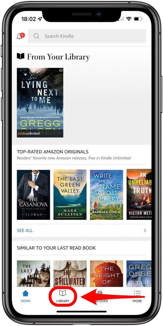 Puudutage valikut Library: kuidas vaadata oma Kindle'i teeki.