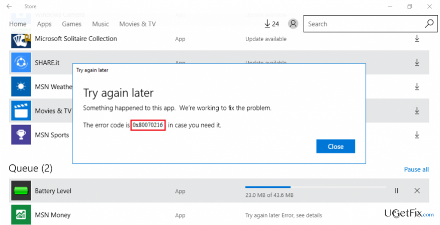 repareer 0x80070216-fout in Windows Store