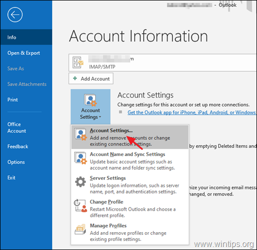 Configurações da conta do Outlook