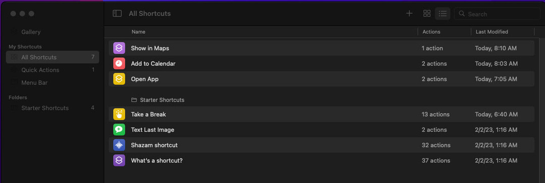 Īsinājumtaustiņi lietotnē Shortcuts operētājsistēmai Mac