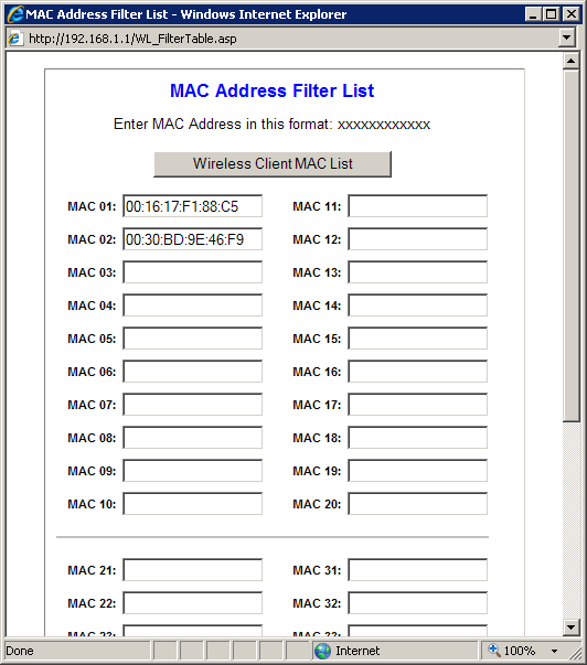 MAC მისამართების ფილტრების სია