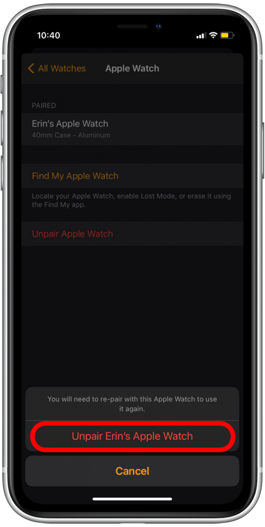 Patvirtinkite, kad norite atsieti „Apple Watch“.
