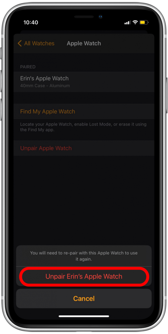 पुष्टि करें कि आप अपनी Apple वॉच को अनपेयर करना चाहते हैं
