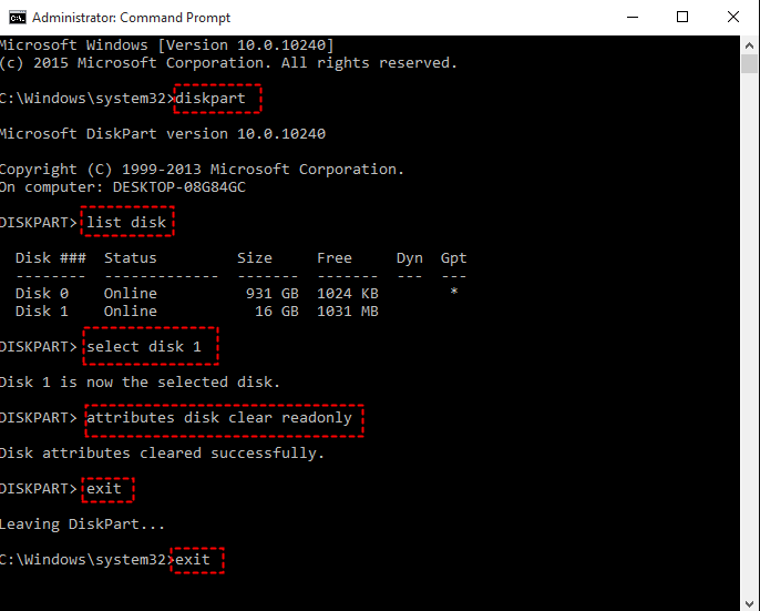 Pakeiskite disko tipo atributų ypatybes Disk Clear Readonly ir paspauskite Enter