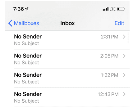 Problémy s poštou iOS 13 žádný odesílatel, žádný předmět