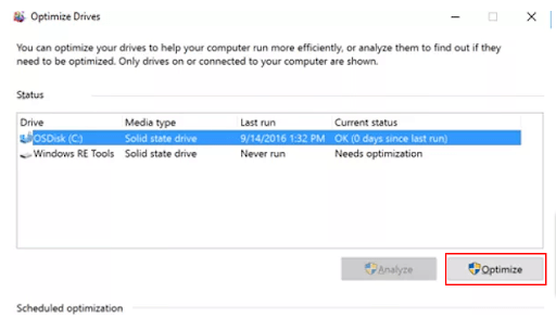 Pilih opsi optimalkan untuk mengoptimalkan disk