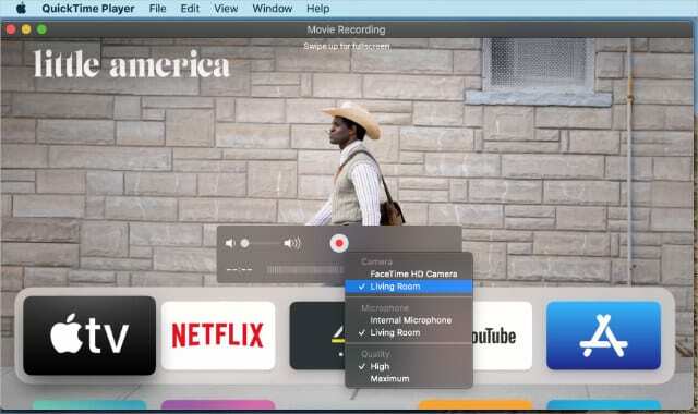 QuickTime no Mac gravando a tela da Apple TV