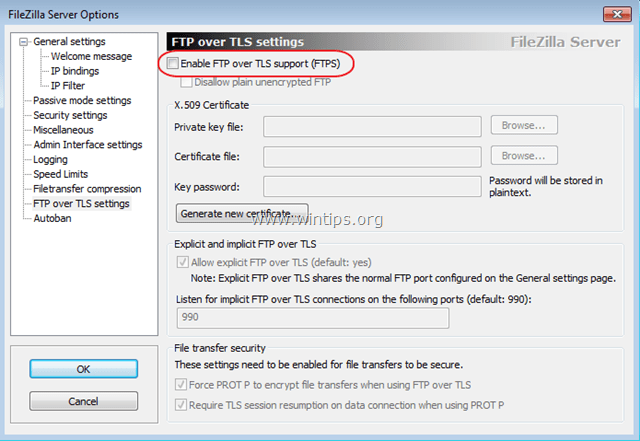 filezilla server ftp over tls