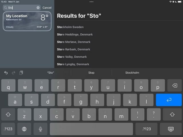Snímek obrazovky se seznamem míst v aplikaci Počasí na iPadu