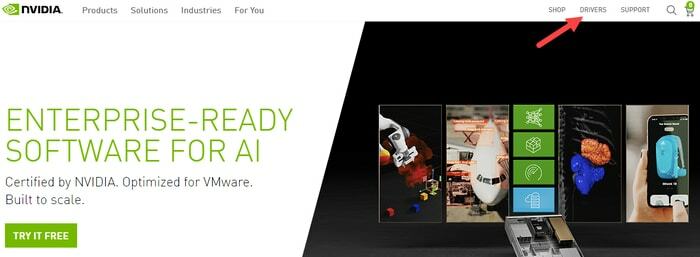 Επιλέξτε το μενού προγραμμάτων οδήγησης από τον επίσημο ιστότοπο της Nvidia