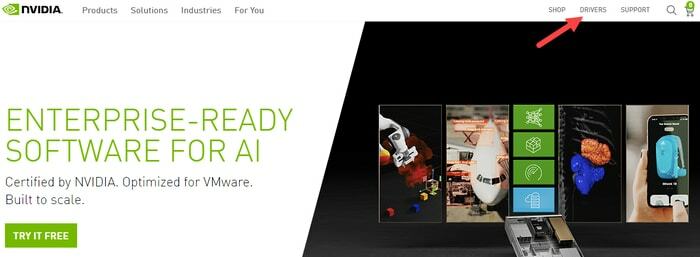 Välj drivrutinsmenyn från Nvidias officiella webbplats