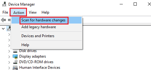 드롭다운 메뉴에서 하드웨어 변경 사항 검색 옵션을 선택하세요.
