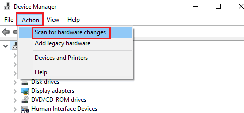 Choisissez l'option Rechercher les modifications matérielles dans le menu déroulant