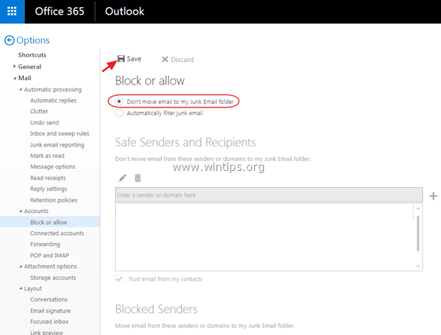 deshabilitar el filtro de correo no deseado Office365 Mail