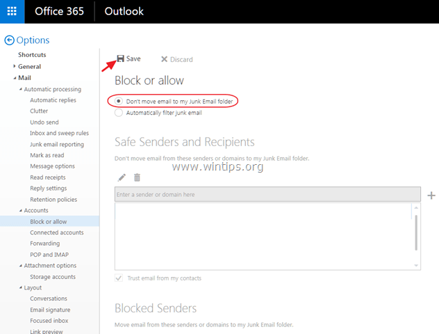 onemogoči filter neželene vsebine Office365 Mail