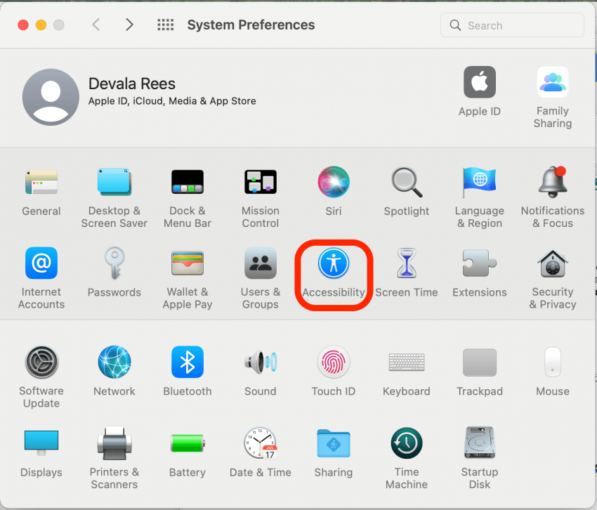 Haga clic en Accesibilidad para encontrar la configuración del cursor de Mac. 