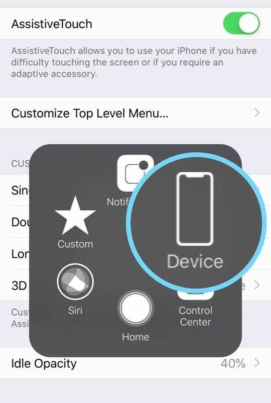 خيارات الجهاز في قائمة Assistive Touch