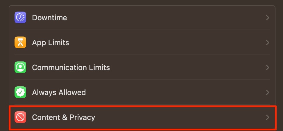 Captura de tela da guia Conteúdo e privacidade do Mac