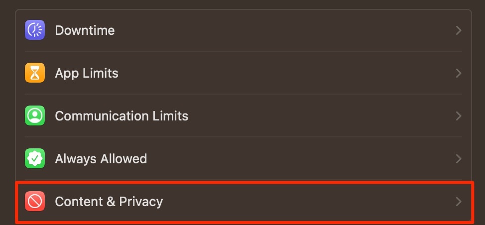 Mac の [コンテンツとプライバシー] タブのスクリーンショット