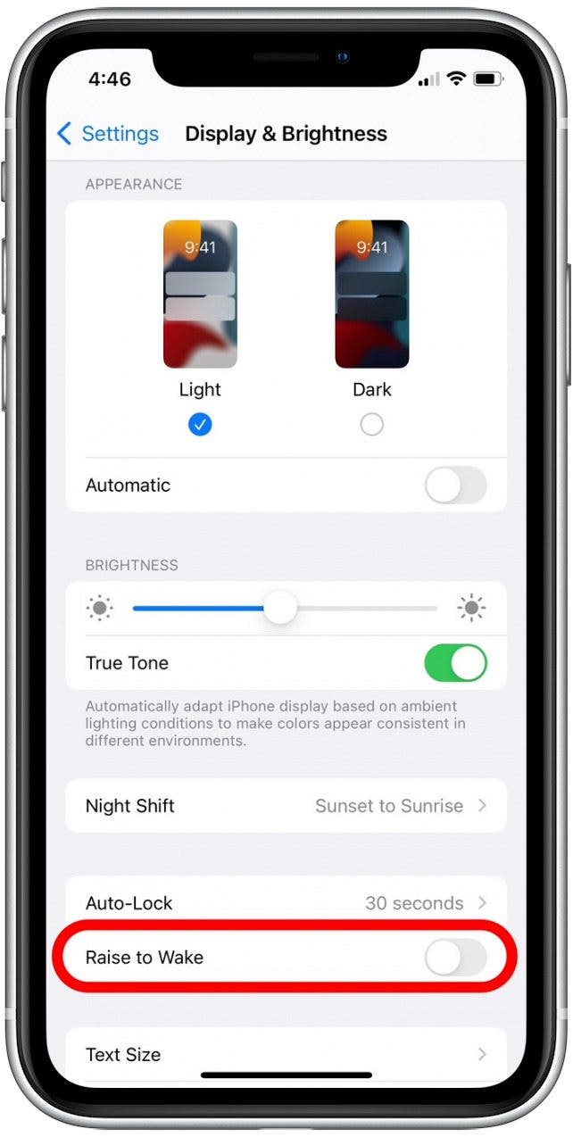 Tippen Sie auf den Umschalter Raise to Wake, um ihn zu deaktivieren. 