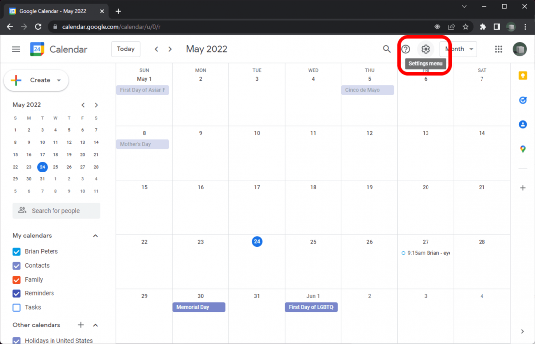 Google Kalender in Chrome mit markiertem Zahnradsymbol für die Einstellungen.