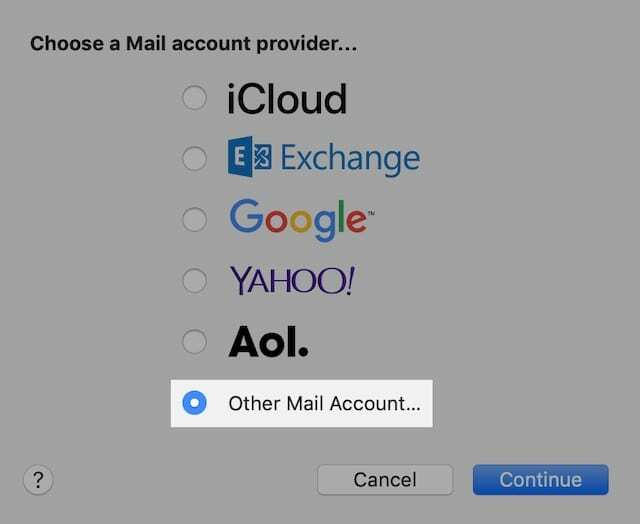 Egyéb levelezési fiók opció az Apple Mailben