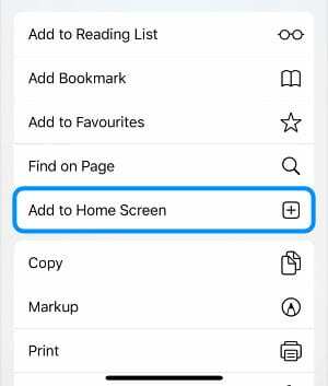 Pridėti prie pagrindinio ekrano veiksmą iš „Safari Share Sheet“ „iPhone“.