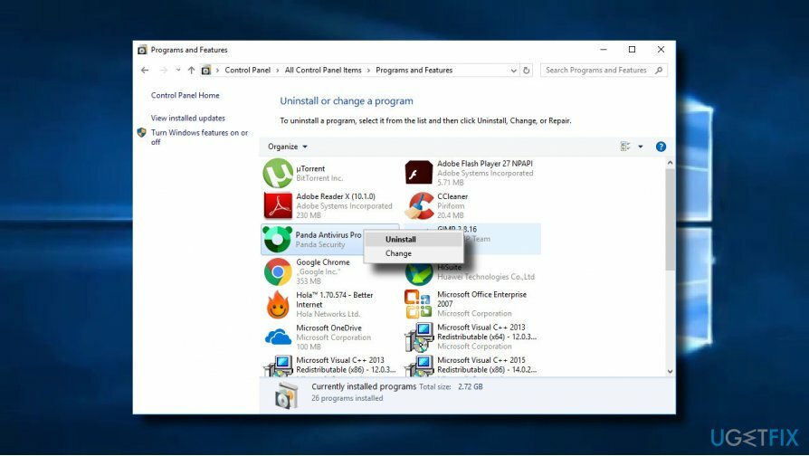 Atinstalējiet Panda antivīrusu, izmantojot programmas un līdzekļus