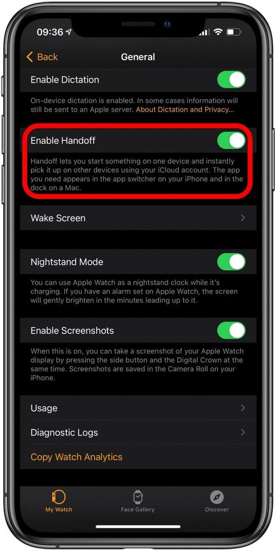 აირჩიეთ Handoff და გადართეთ ჩართვის ჩართვა.