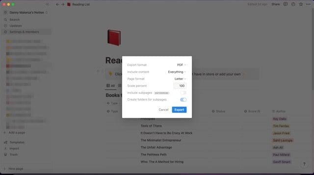 mac için notion'da bir sayfanın nasıl dışa aktarılacağını gösteren ekran görüntüsü