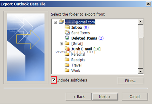 exportovať gmail do súboru pst