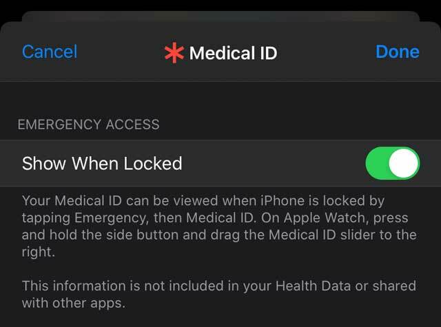 Rādīt, kad tas ir bloķēts, lai iegūtu medicīnisko ID iPhone tālrunī, izmantojot lietotni Health