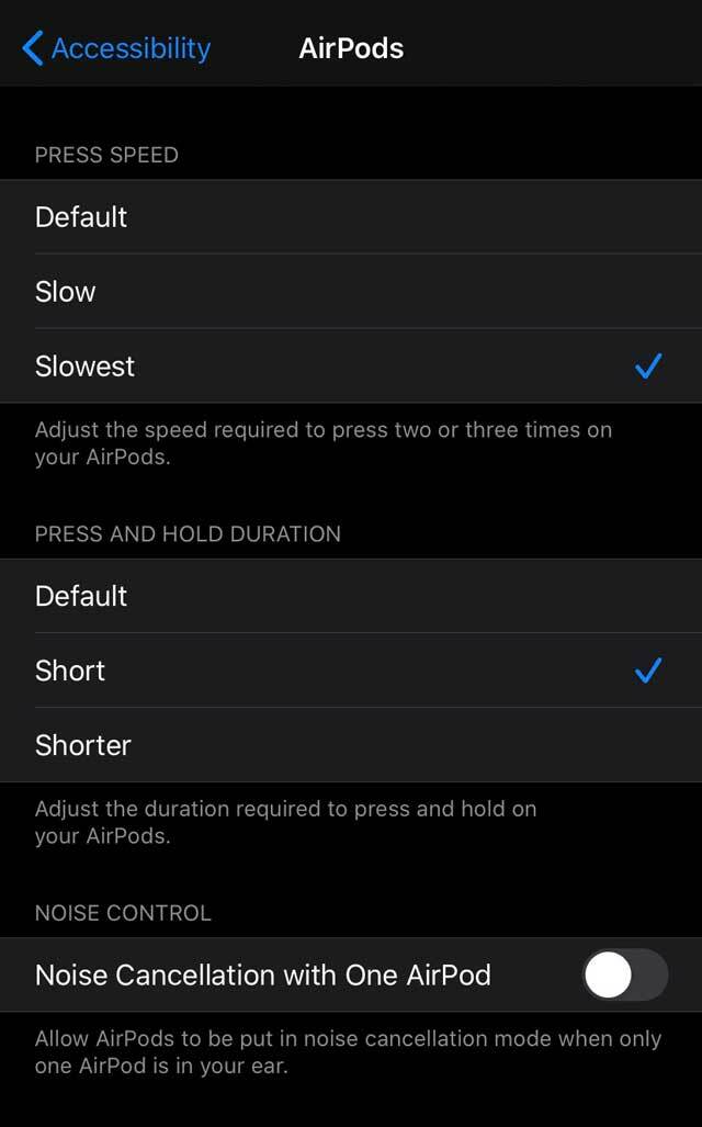 Kecepatan Tekan AirPods Pro dan Durasi Tekan dan Tahan di pengaturan aksesibilitas