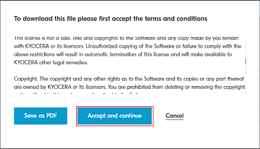 Kyocera - ліцензійна угода та виберіть Прийняти та продовжити