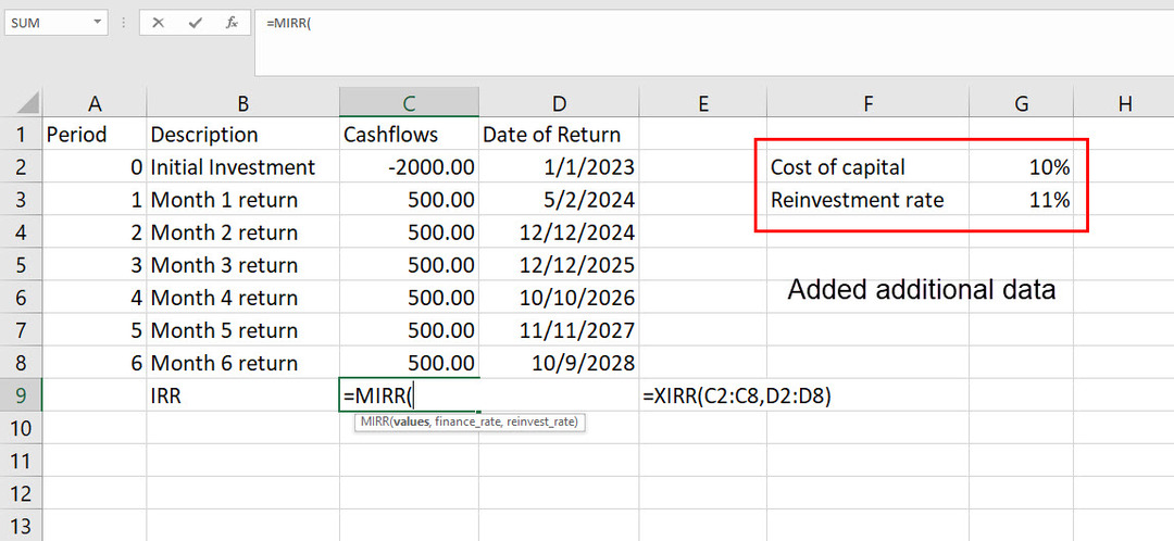 Използване на функцията MIRR в Excel