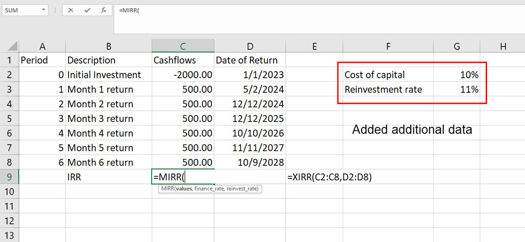 MIRR funkcijas izmantošana programmā Excel