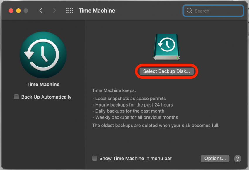 Seleziona Disco di backup per eseguire il backup di mac