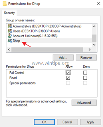 Errore di accesso negato al client DHCP 5