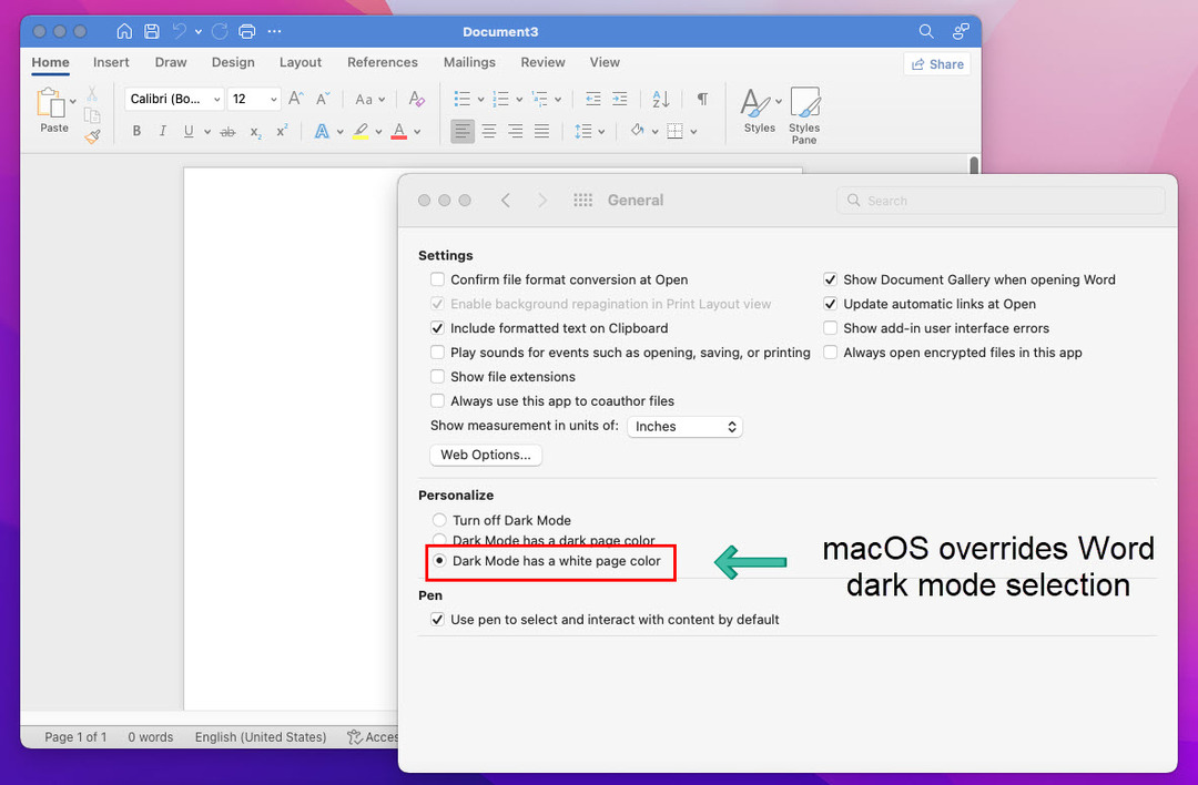 Разгледайте как да изключите тъмен режим на Word на Mac от macOS
