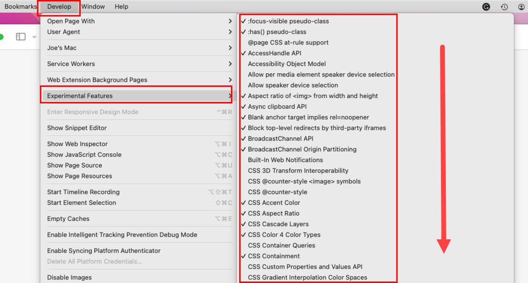 A Safari kísérleti funkcióinak elérése macOS rendszeren
