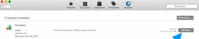 Actualizaciones de Mac App Store Reanudar descarga o instalación