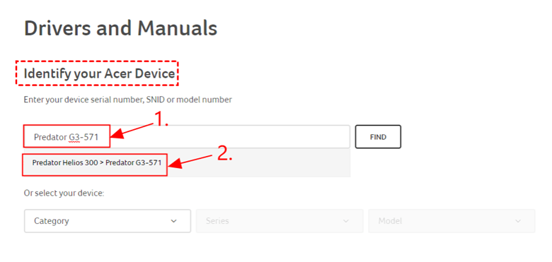 Įveskite Predator G3-571 kategorijoje Identifikuoti savo Acer įrenginį